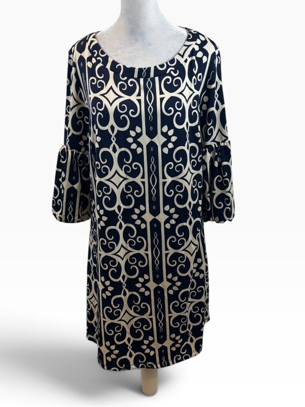 Lapis Brand Long Sleeve Shift Dress Navy Blue and Ivory Print Size Medium
